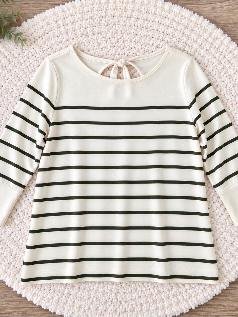 J. Jill Medium Petite Ivory Olive Striped Tie Back 3/4 Sleeve Knit Top
